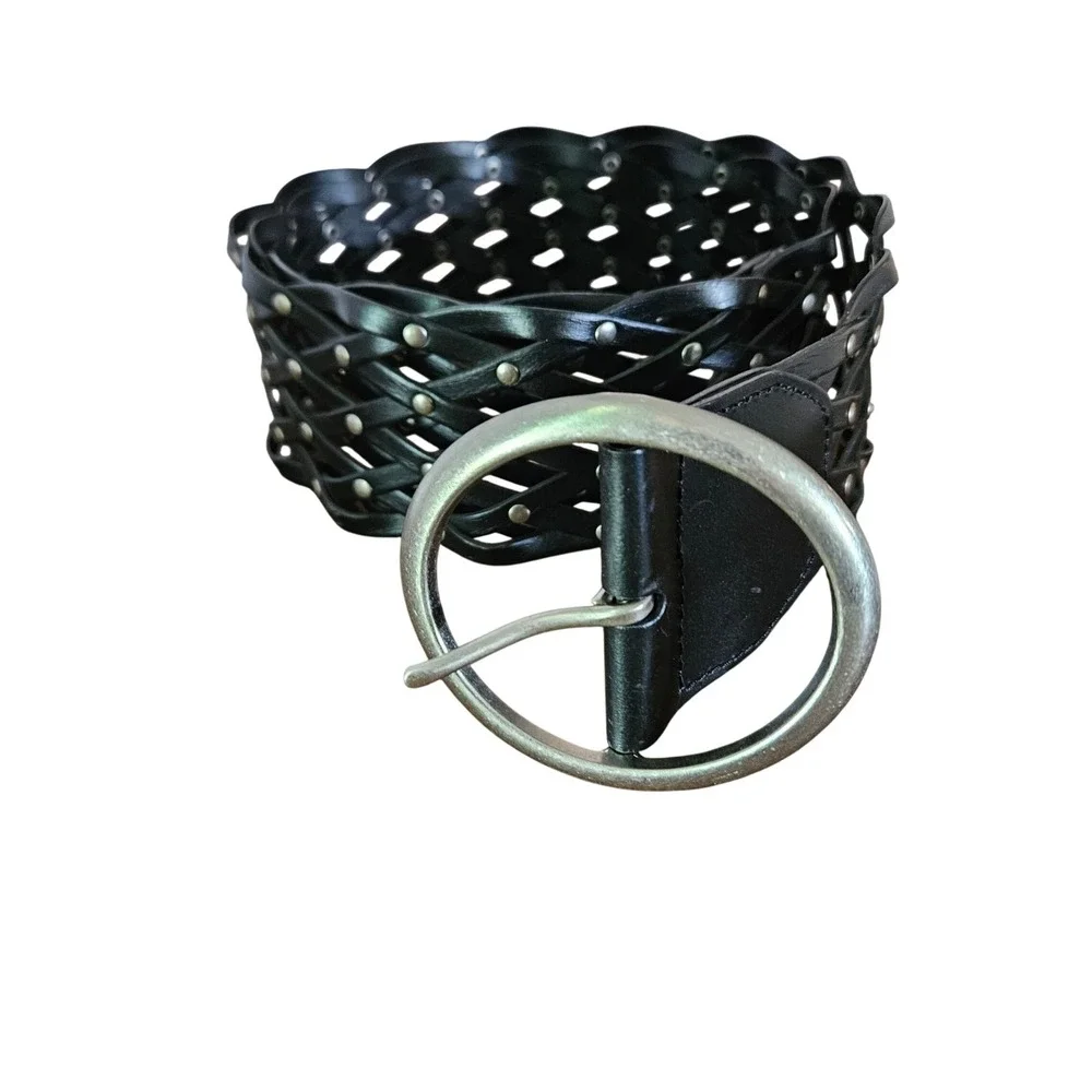 Black Woven Bonded Leather Studded Wide Belt Round Silver Buckle L/XL Boho